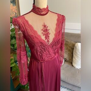 Eve of Milady Vintage 70s Burgundy Lace Victorian Style Long Sleeve Dress